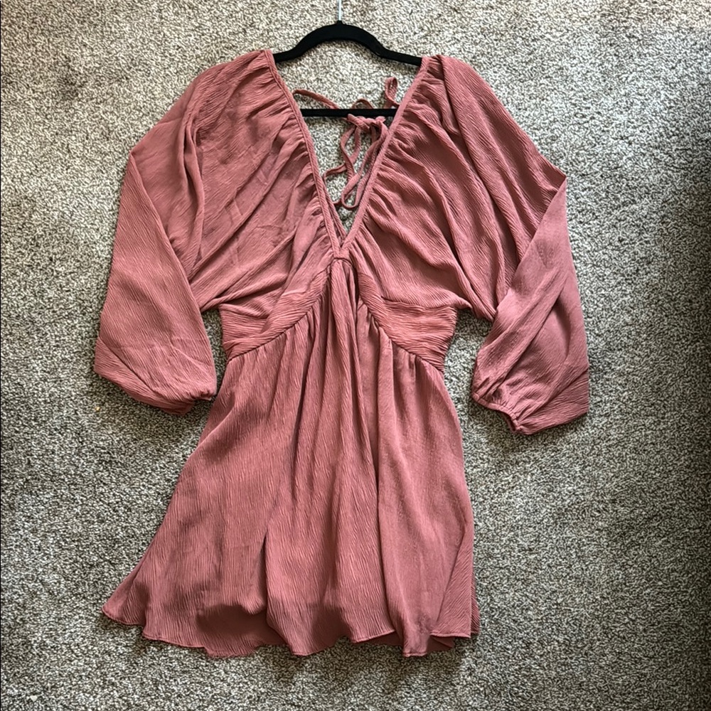 Mable Salmon V-Neck Mini Dress with Long Sleeves